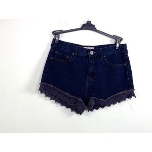 Free People Womens Lace Denim Shorts Black Pockets Dark Wash Mid Rise 24 J2